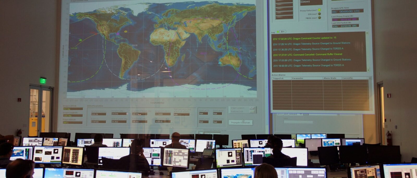 Vista traseira de funcionários irreconhecíveis trabalhando em computadores em sala de controle de voo com grande mapa interat